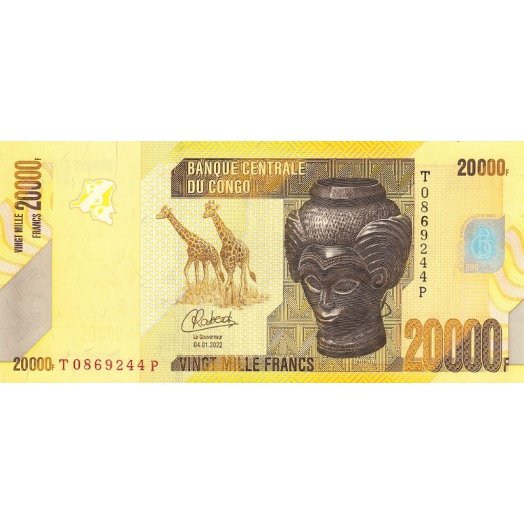 Kongo 20000 Frank 2022 P#104d ÇİL/UNC Kağıt Para ön ve arka yüz banknot görseli