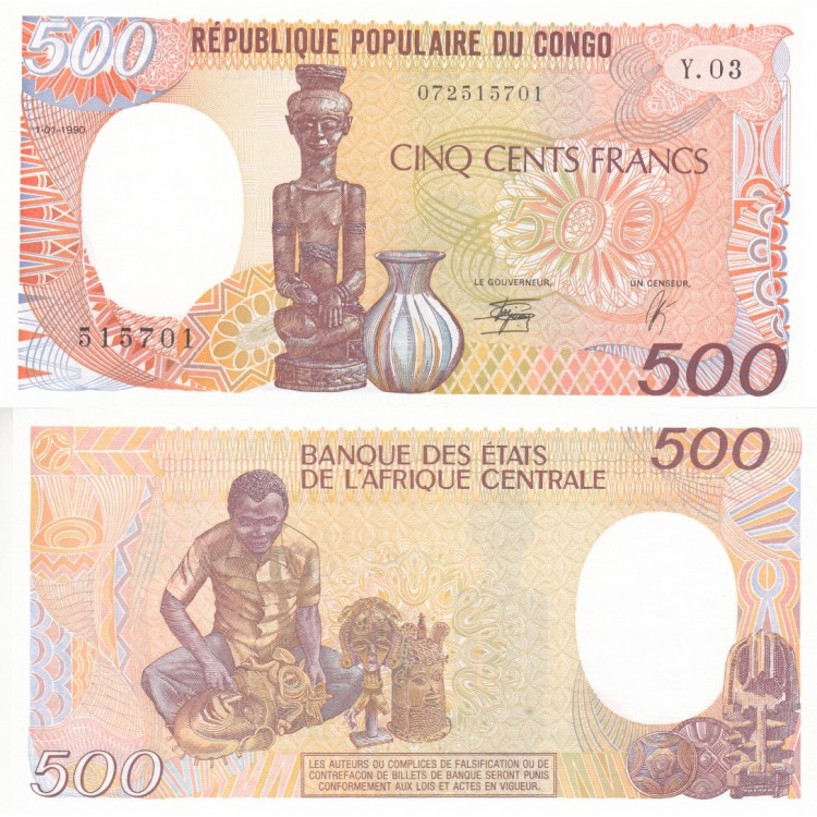KONGO 500 FRANK 1990, P#8c, ÇİL, ESKİ YABANCI KAĞIT PARA