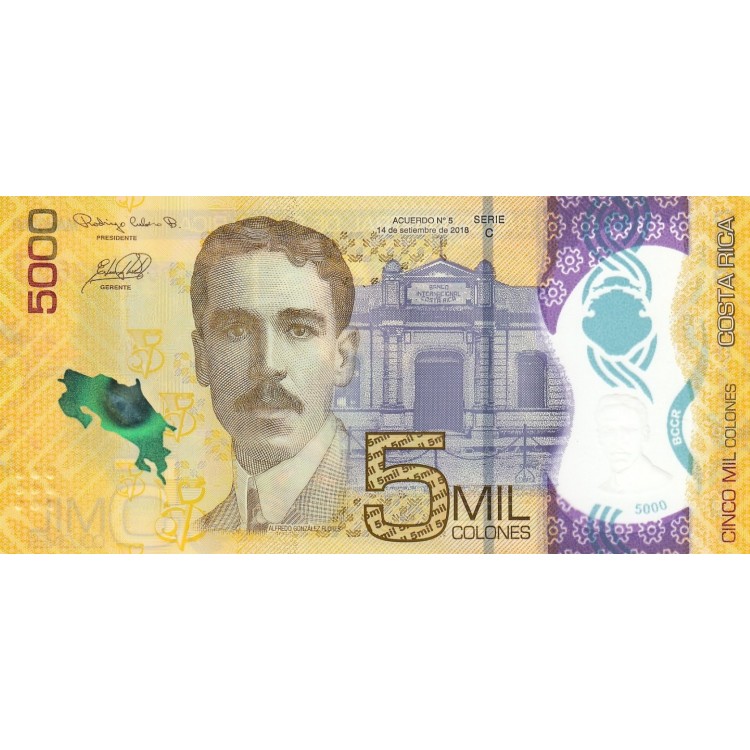 KOSTA RİKA 5000 COLONES 2018 POLYMER, P#282, ÇİL, ESKİ YABANCI KAĞIT PARA