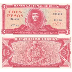 KÜBA 3 PESO 1988, P#107b, ÇİL, CHE GUEVARA PORTRELİ, ESKİ YABANCI KAĞIT PARA