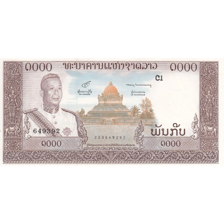 Laos 1.000 Kip 1963 P#14b Banknot Laos 1.000 Kip 1963 P#14b ÇİL UNC kağıt banknot