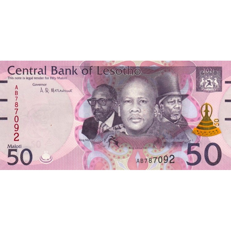 Lesotho 2021 P#28a banknot Lesotho 50 Maloti 2021 P#28a ÇİL/UNC Kağıt Para ön ve arka yüz