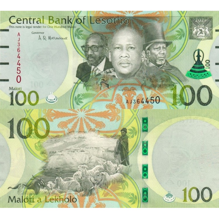 Lesotho 100 Maloti 2021 P#29a ÇİL/UNC Kağıt Para ön ve arka yüz