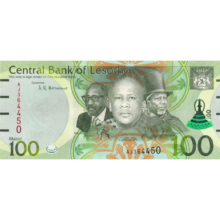 Lesotho 100 Maloti 2021 P#29a ÇİL/UNC Kağıt Para ön ve arka yüz