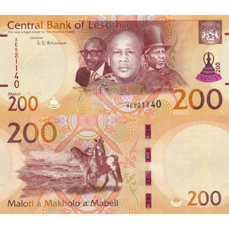 Lesotho 200 Maloti 2021 P#30a ÇİL/UNC Kağıt Para ön ve arka yüz banknot görseli