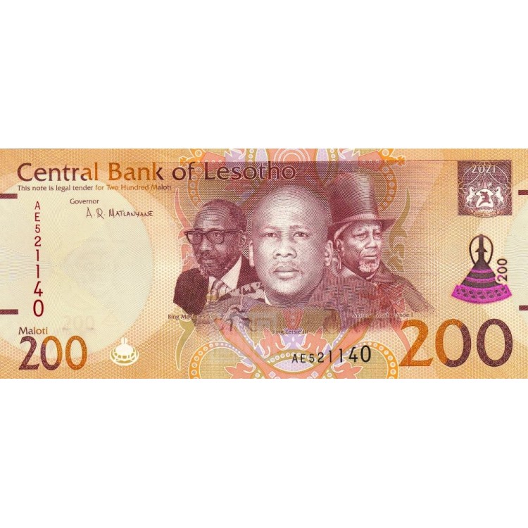 Lesotho 200 Maloti 2021 P#30a ÇİL/UNC Kağıt Para ön ve arka yüz banknot görseli