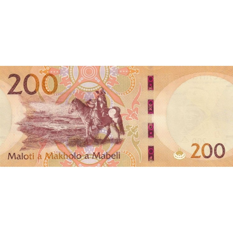 Lesotho 200 Maloti 2021 P#30a ÇİL/UNC Kağıt Para ön ve arka yüz banknot görseli