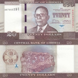 LİBERİA 20 DOLAR 2016, P#33a, ÇİL, ESKİ YABANCI KAĞIT PARA