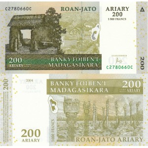 Madagaskar 200 Ariary 2004 P#87c ÇİL/UNC Kağıt Para