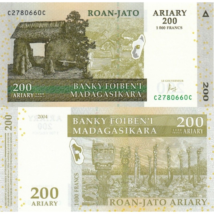 Madagascar 200 Ariary 2004 P#87c Banknot Madagascar 200 Ariary 2004 P#87c ÇİL UNC kağıt banknot