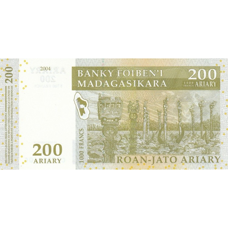 Madagascar 200 Ariary 2004 P#87c Banknot Madagascar 200 Ariary 2004 P#87c ÇİL UNC kağıt banknot