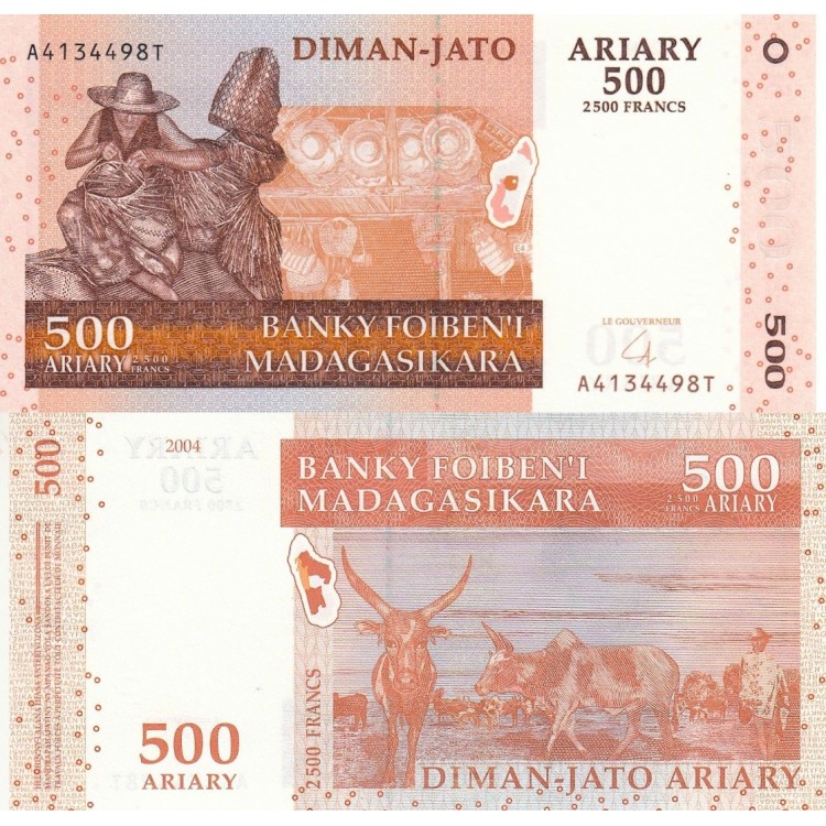 Madagascar 500 Ariary 2004 P#95a ÇİL UNC kompozit banknot