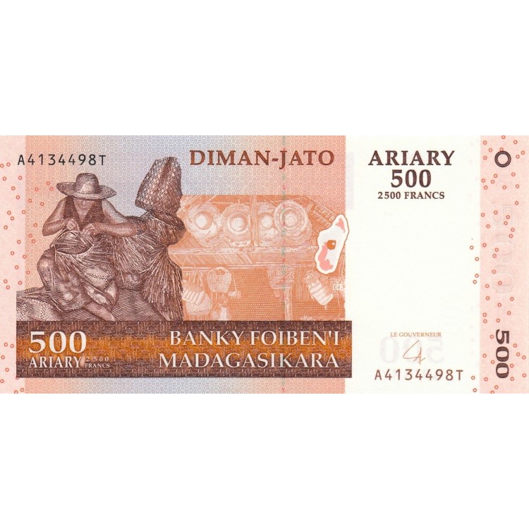 Madagascar 500 Ariary 2004 P#95a ÇİL UNC kompozit banknot