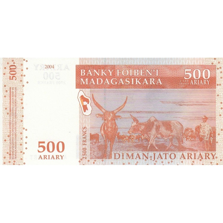 Madagascar 500 Ariary 2004 P#95a ÇİL UNC kompozit banknot