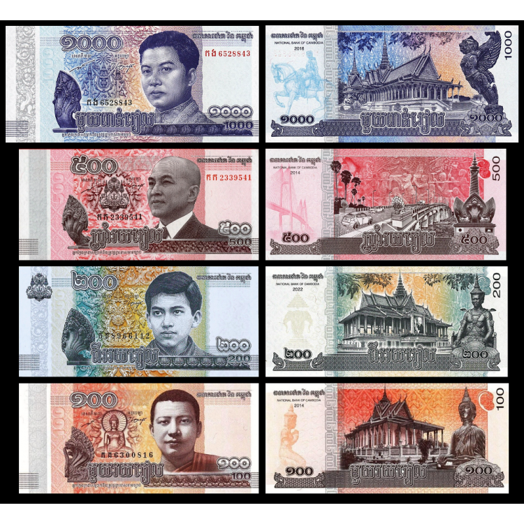 KAMBOÇYA 100-200-500-1000 RİELS, 2014-2022 4 LÜ SET, YABANCI KAĞIT PARA "ÇİL"