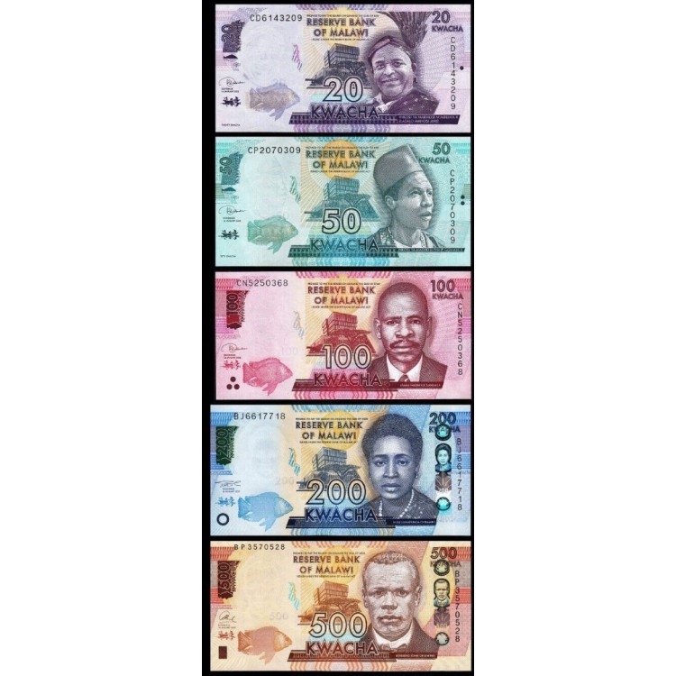 MALAWİ 20-50-100-200-500 KWACHA 2017-2022 SET, ÇİL, ESKİ YABANCI KAĞIT PARA MALAWİ 20-50-100-200-500 KWACHA 2017-2022 SET, ÇİL, ESKİ YABANCI KAĞIT PARA
