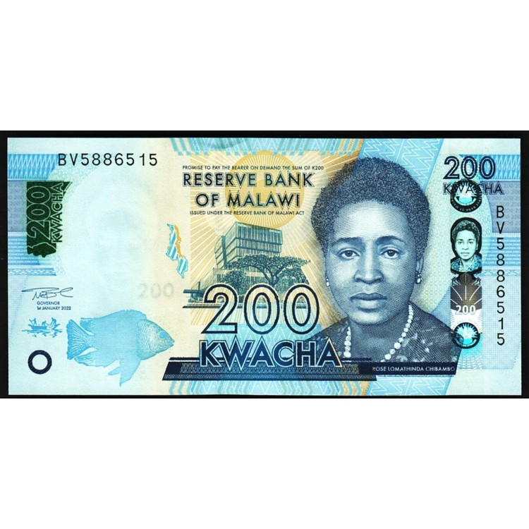 Malavi 200 Kwacha 2022 P#65Af ÇİL/UNC kağıt para