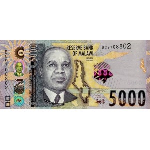 Malavi 5000 Kwacha 2023 P#71c ÇİL/UNC Kağıt Para