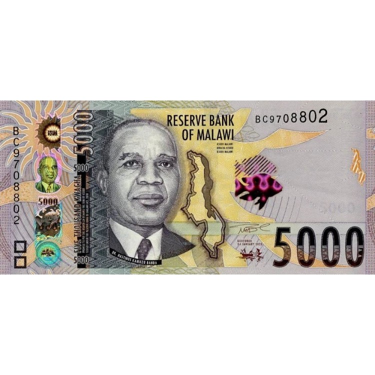 Malavi 5000 Kwacha 2023 P#71c ÇİL/UNC kağıt para