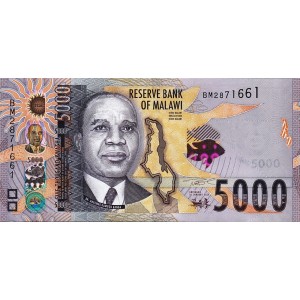 Malavi 5000 Kwacha 2024 P#71d ÇİL/UNC Kağıt Para