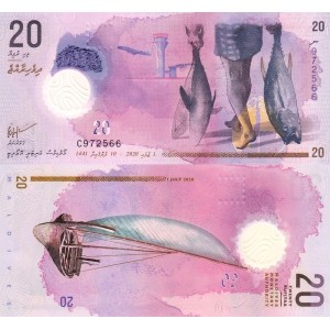 Maldivler 20 Rufiyaa 2020 P#27b ÇİL/UNC Polimer Kağıt Para