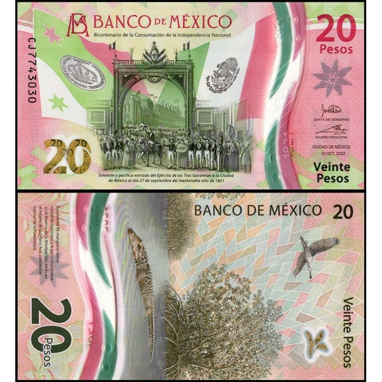 MEKSİKA 20 PESO 2022 HATIRA POLYMER, P#132g4, ÇİL, ESKİ YABANCI KAĞIT PARA