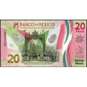 MEKSİKA 20 PESO 2022 HATIRA POLYMER, P#132g1, ÇİL, ESKİ YABANCI KAĞIT PARA