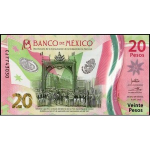 MEKSİKA 20 PESO 2022 HATIRA POLYMER, P#132g4, ÇİL, ESKİ YABANCI KAĞIT PARA