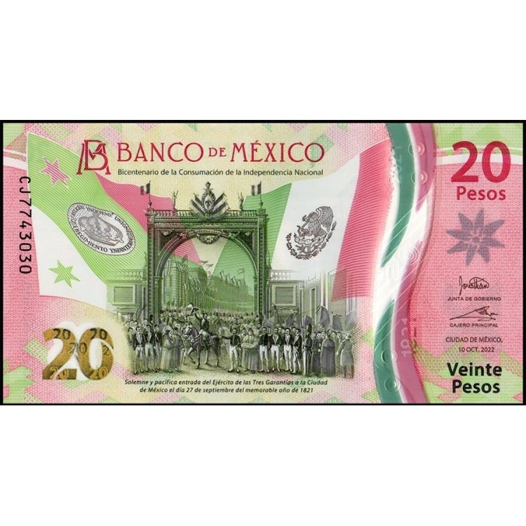 MEKSİKA 20 PESO 2022 HATIRA POLYMER, P#132g4, ÇİL, ESKİ YABANCI KAĞIT PARA
