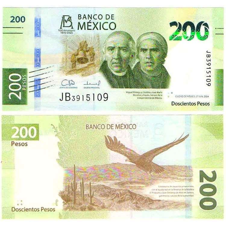 Meksika 200 Peso 2024 P#140/2024(1) ÇİL/UNC Hatıra Kağıt Para ön ve arka yüz banknot görseli