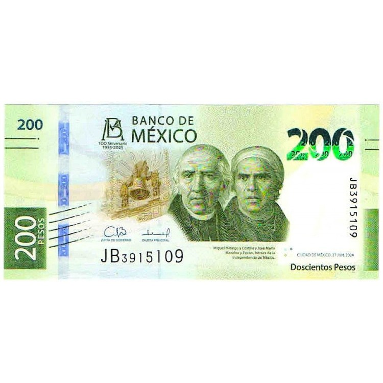 Meksika 200 Peso 2024 P#140/2024(1) ÇİL/UNC Hatıra Kağıt Para ön ve arka yüz banknot görseli