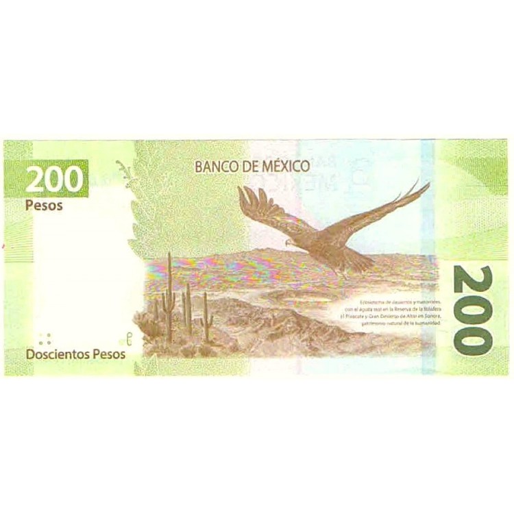 Meksika 200 Peso 2024 P#140/2024(1) ÇİL/UNC Hatıra Kağıt Para ön ve arka yüz banknot görseli