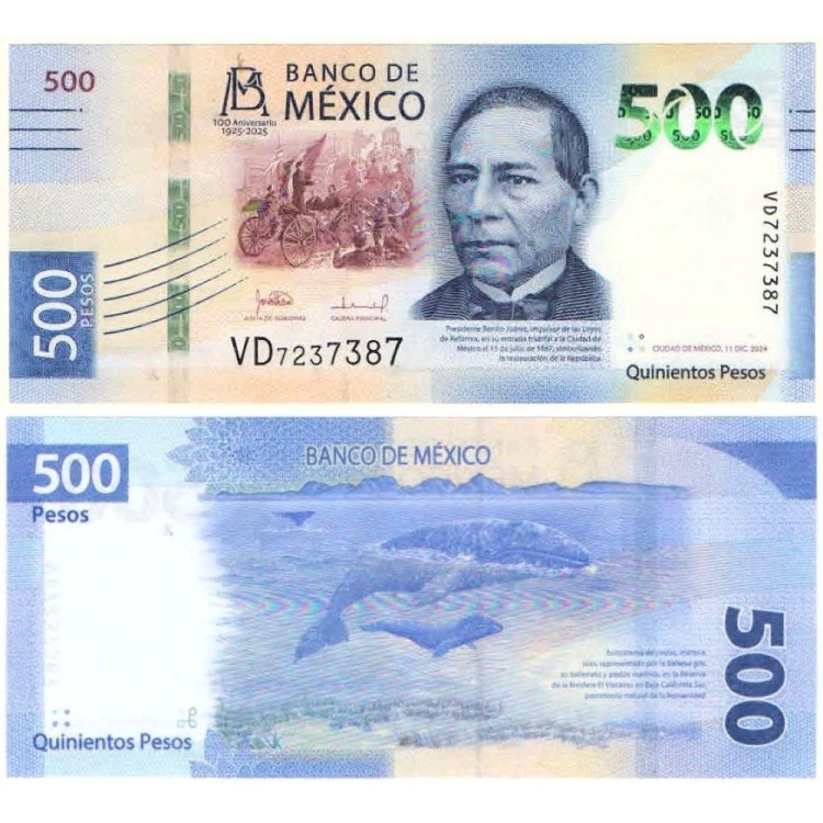 Meksika 500 Peso 2024 P#141/2024(2) ÇİL/UNC Hatıra Kağıt Para ön ve arka yüz banknot görseli