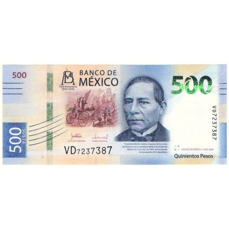 Meksika 500 Peso 2024 P#141/2024(2) ÇİL/UNC Hatıra Kağıt Para ön ve arka yüz banknot görseli