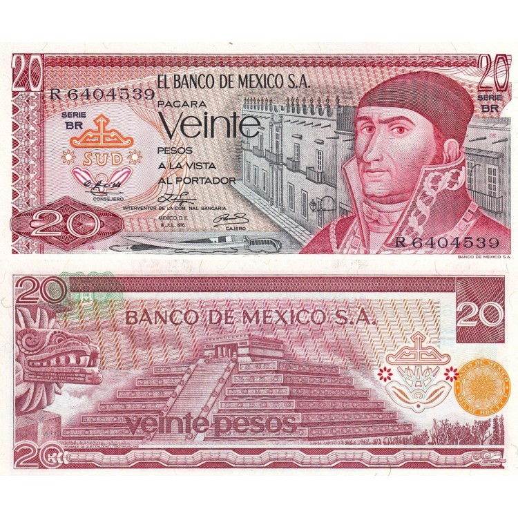 Mexico 20 Pesos 1976 P#64(1) ÇİL UNC kağıt banknot
