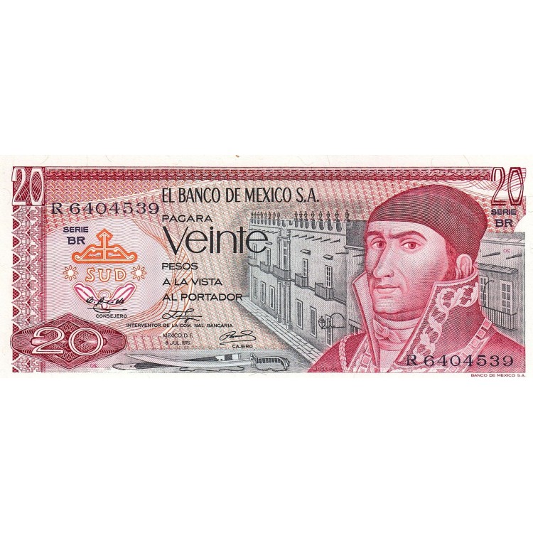 Mexico 20 Pesos 1976 P#64(1) ÇİL UNC kağıt banknot