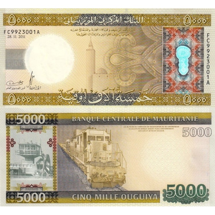Moritanya 5000 Ouguiya 2011 P#21 ÇİL/UNC Polimer Kağıt Para ön ve arka yüz banknot görseli