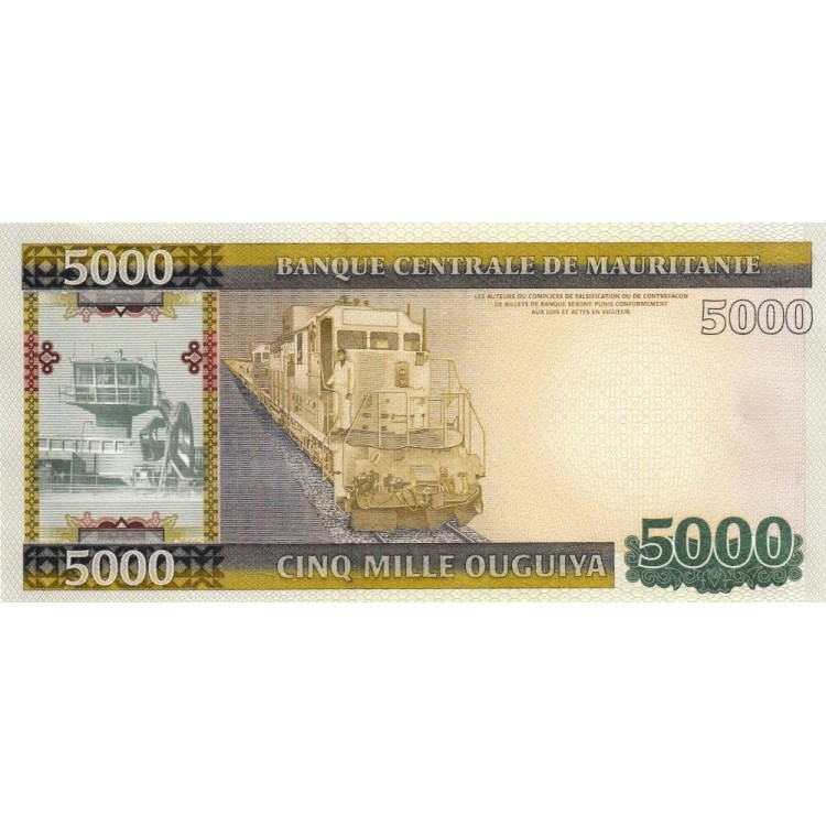 Moritanya 5000 Ouguiya 2011 P#21 ÇİL/UNC Polimer Kağıt Para ön ve arka yüz banknot görseli