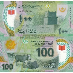Moritanya 100 Ouguiya 2017 P#23a ÇİL/UNC Polimer Kağıt Para
