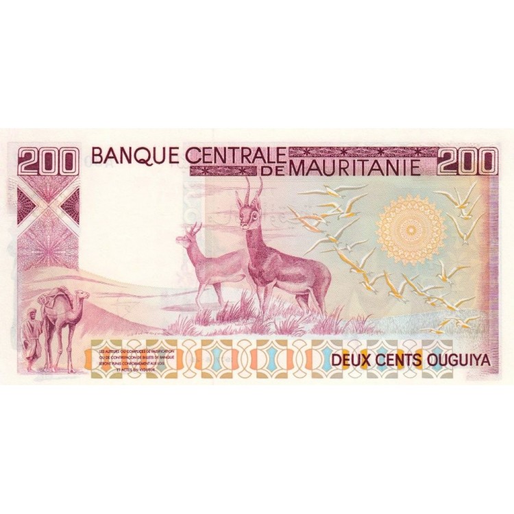 Moritanya 200 Ouguiya 1977 P#3B ÇİL/UNC Kağıt Para ön ve arka yüz banknot görseli