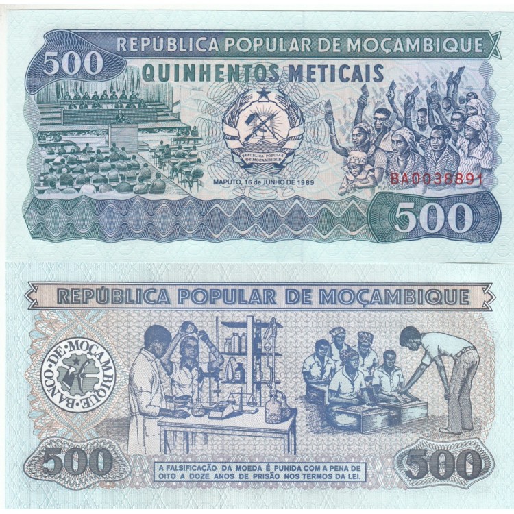 MOZAMBİK 500 METICAIS 1989 Banknot Mozambik 500 Meticais 1989 ön ve arka yüz banknot görseli