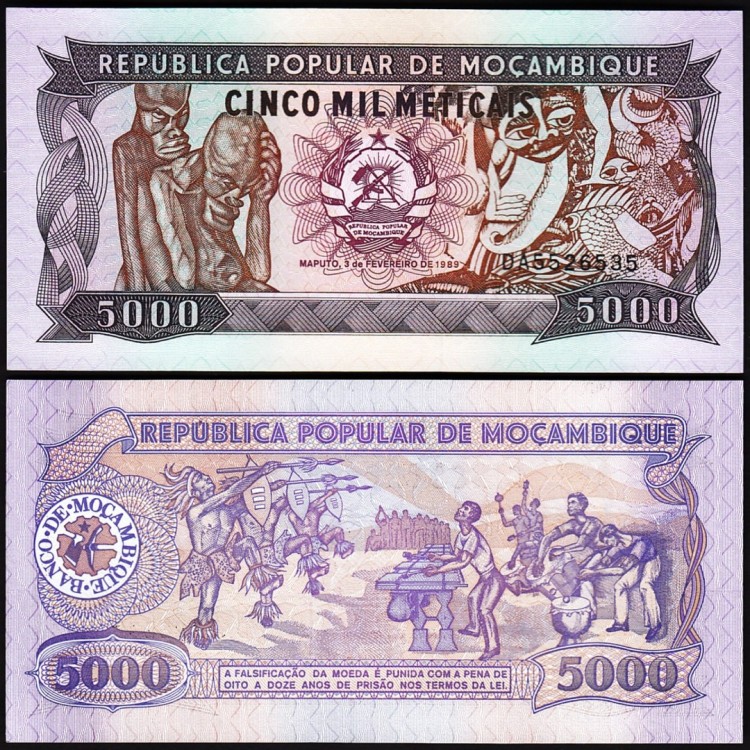 MOZAMBİK 5000 METICAIS 1989, P#133b, ÇİL, ESKİ YABANCI KAĞIT PARA