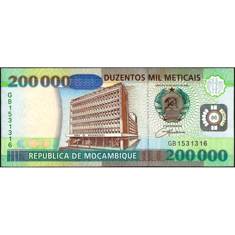 MOZAMBİK 200000 METICAIS 2003, P#141, ÇİL, ESKİ YABANCI KAĞIT PARA