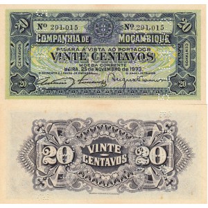 Mozambik 20 Centavos 1933 P#R29 ÇİL/UNC Kağıt Para
