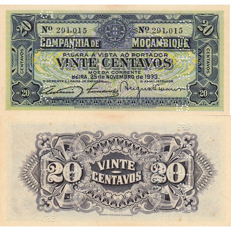 Mozambik 20 Centavos 1933 P#R29 ÇİL UNC kağıt para