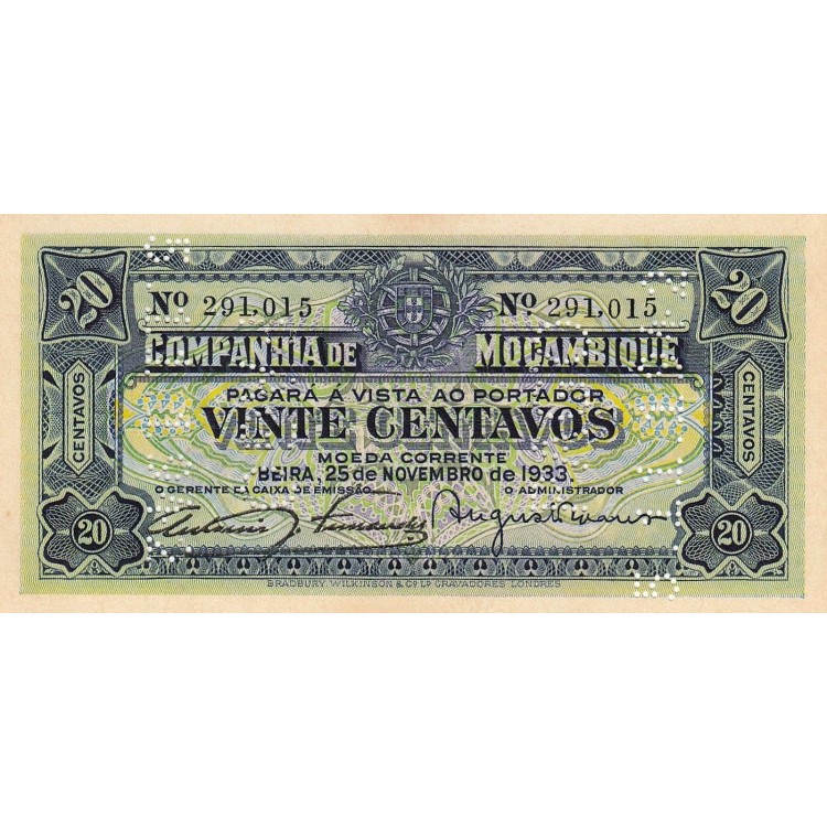 Mozambik 20 Centavos 1933 P#R29 ÇİL UNC kağıt para