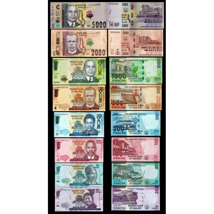 Malavi 20-5000 Kwacha 2020-2024 ÇİL/UNC 8'li banknot seti