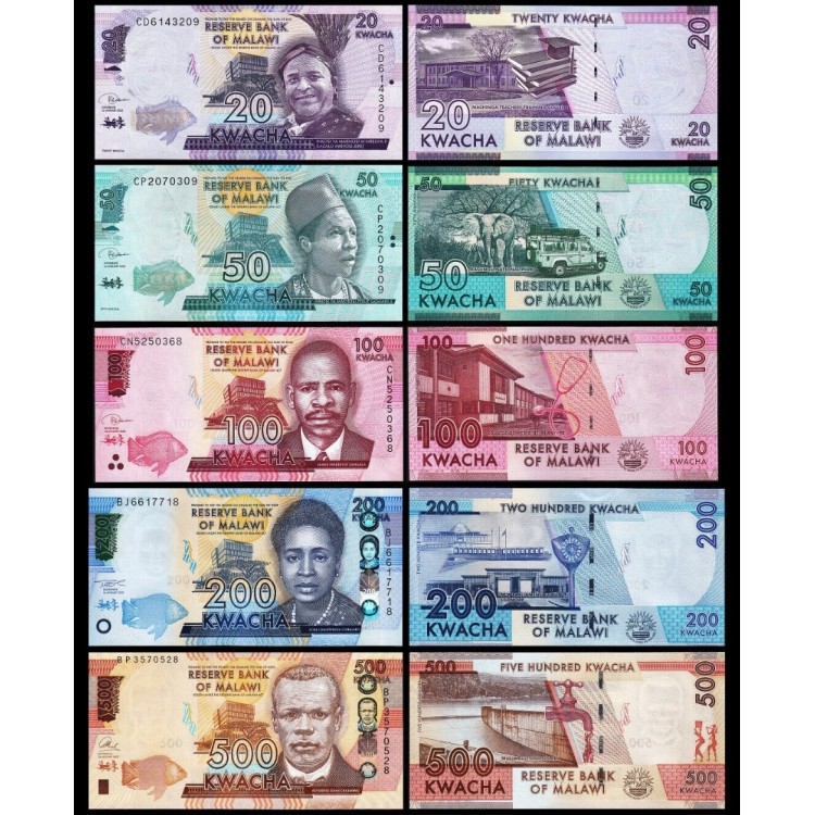 Malavi 20-50-100-200-500 Kwacha 2017-2022 ÇİL/UNC banknot seti