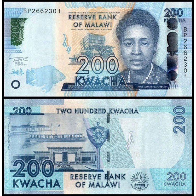 Malavi 200 Kwacha 2021 P#65Ae ÇİL/UNC kağıt para