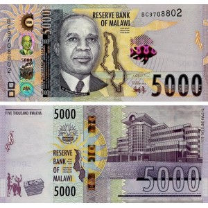 Malavi 5000 Kwacha 2023 P#71c ÇİL/UNC Kağıt Para